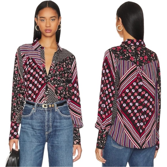 Free People Hazel Buttondown Top Black Floral Stripe Mixed Print Boho 01… - Picture 1 of 12